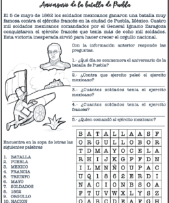 Una ficha de español para niños sobre la Batalla de Puebla incluye una lectura breve, preguntas y una sopa de letras. Incluye dibujos del general Ignacio Zaragoza, un soldado mexicano y un cañón.